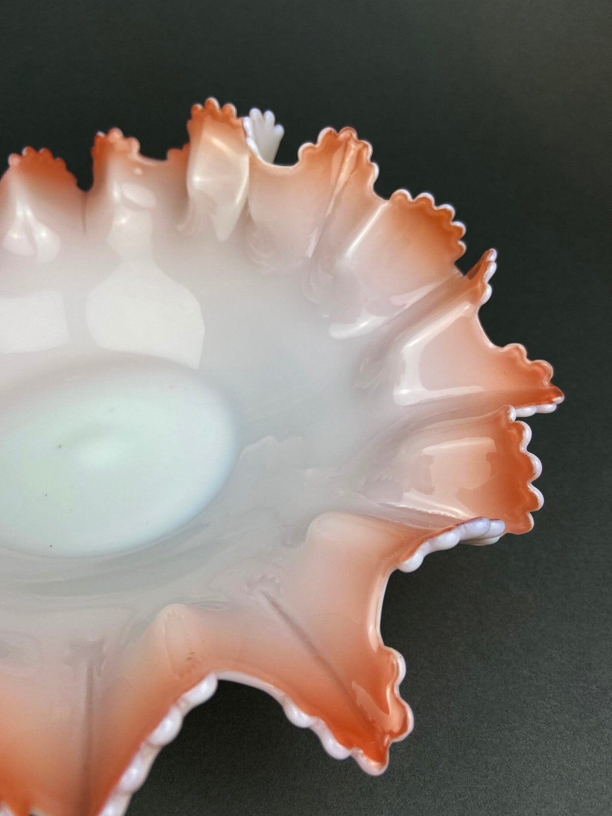 Vintage Opalescent Glass Bowl, Peach Ruffled Edge Collectible