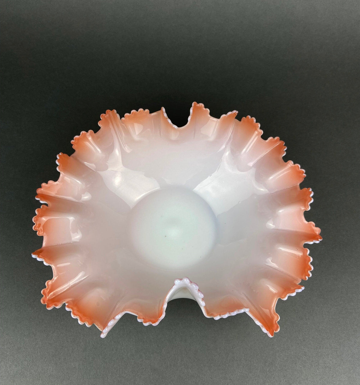 Vintage Opalescent Glass Bowl, Peach Ruffled Edge Collectible