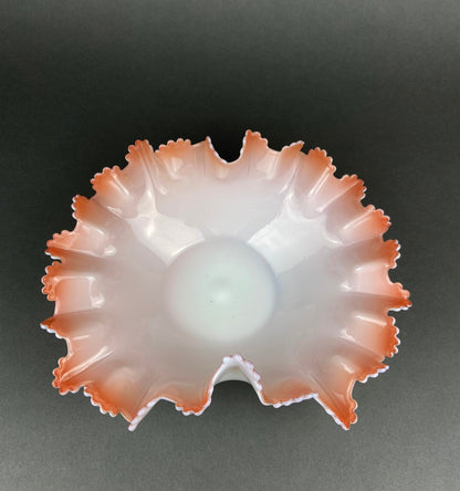 Vintage Opalescent Glass Bowl, Peach Ruffled Edge Collectible