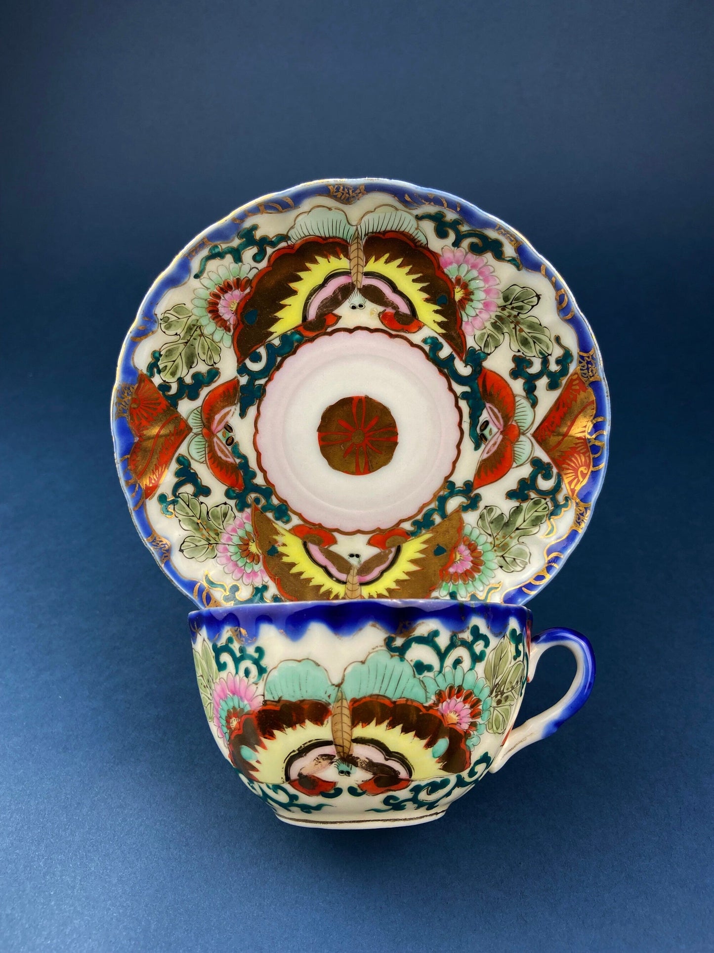 Antique Hand Painted Tea Cup - Asian Motif with June Moth Pattern