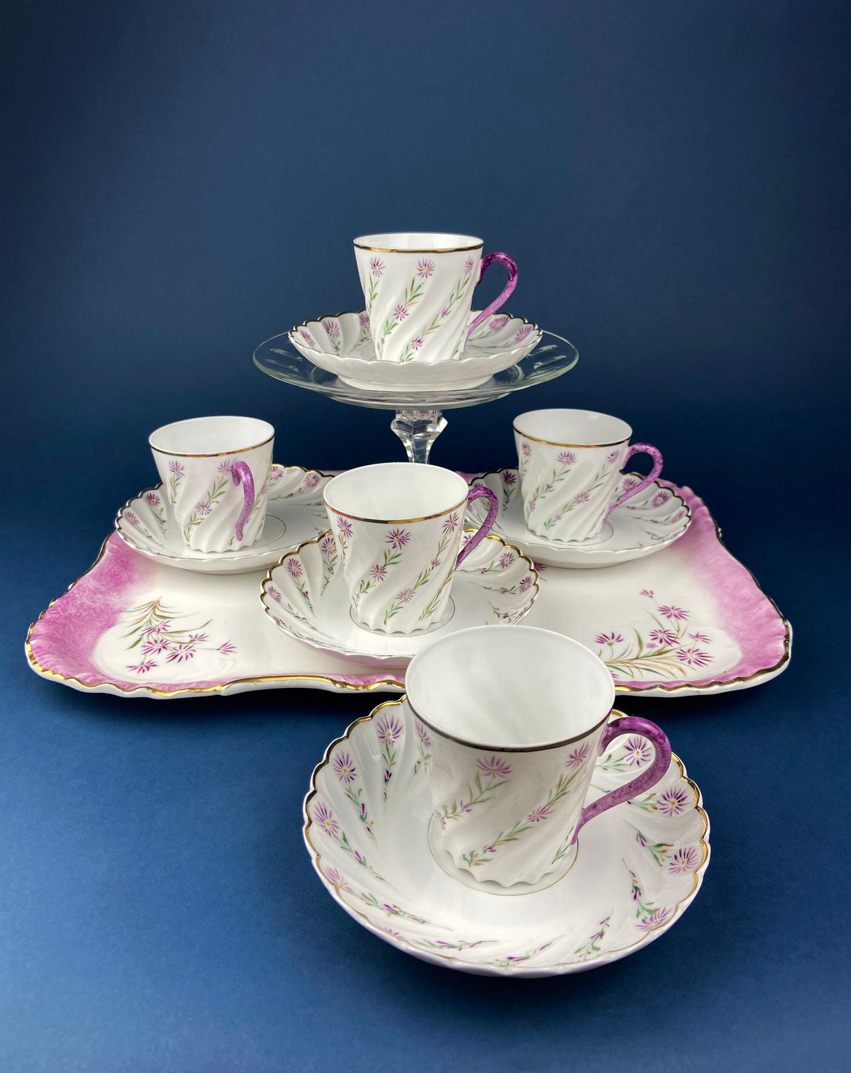 Antique Star Paragon Tea, Coffee, or Chocolate Set. Tray with Matching 5 Cups & Saucers. Delicate Fluting and Flowers. Dining Room Decor.
