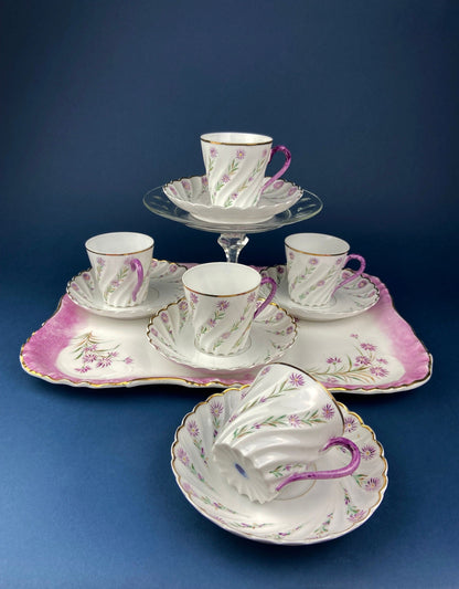 Antique Star Paragon Tea, Coffee, or Chocolate Set. Tray with Matching 5 Cups & Saucers. Delicate Fluting and Flowers. Dining Room Decor.