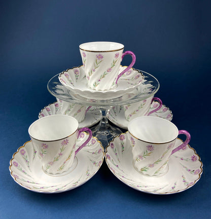 Antique Star Paragon Tea, Coffee, or Chocolate Set. Tray with Matching 5 Cups & Saucers. Delicate Fluting and Flowers. Dining Room Decor.