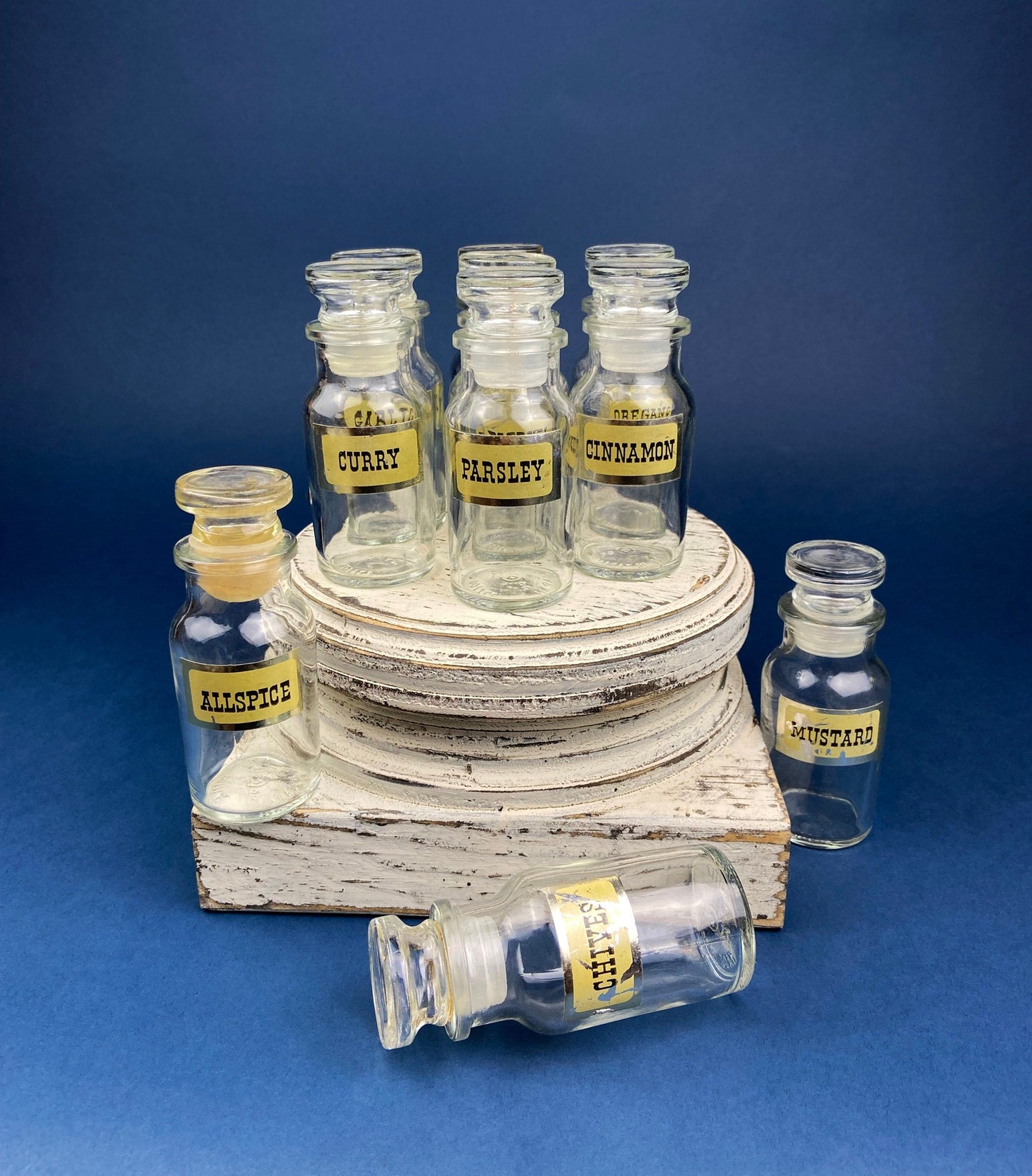Vintage Glass Spice Apothecary Bottles with Glass Stoppers