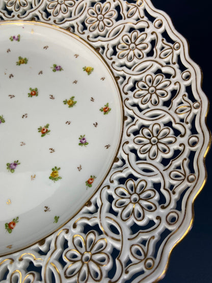 Antique Meissen Reticulated Hand-Painted Tea Rose Serving Platter