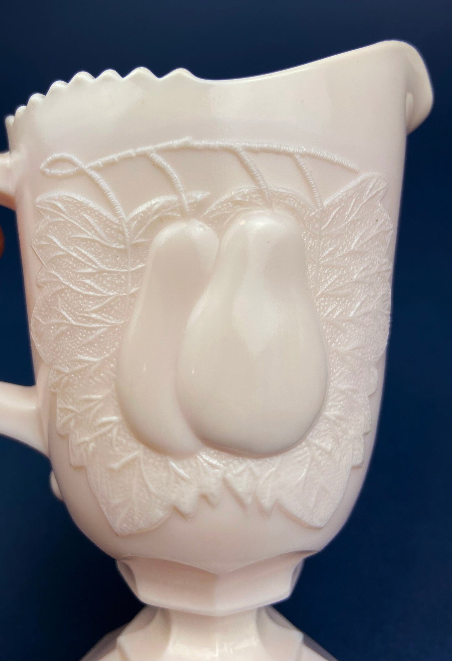 Pink Milk Glass Footed Creamer with Pear Motif. Collectible Tableware.