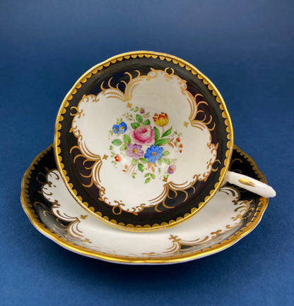Vintage Tuscan Teacup and Saucer in Black, White and Gold Floral Pattern