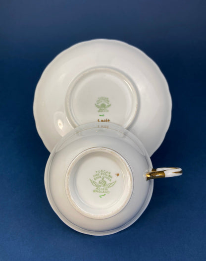 Vintage Tuscan Teacup and Saucer in Black, White and Gold Floral Pattern