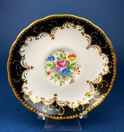Vintage Tuscan Teacup and Saucer in Black, White and Gold Floral Pattern