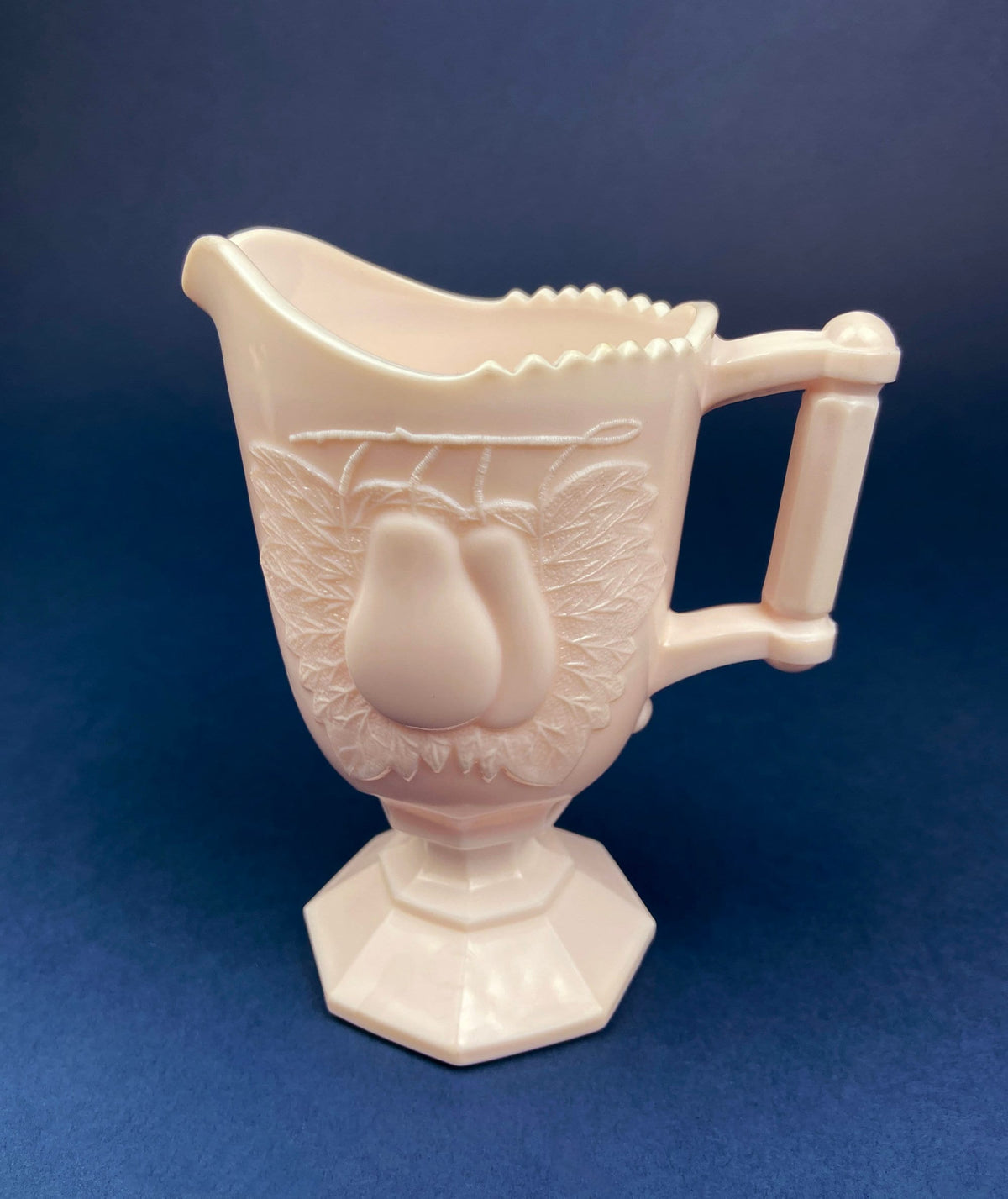 Pink Milk Glass Footed Creamer with Pear Motif. Collectible Tableware.