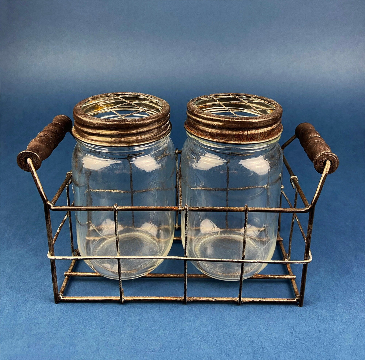 Collection of Rustic, Clear Glass Jars & Bottles with Metal Wire Baskets. Three Sets of Flower Vases or Candle Holders. Modern Farmhouse.