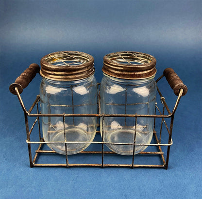 Collection of Rustic, Clear Glass Jars & Bottles with Metal Wire Baskets. Three Sets of Flower Vases or Candle Holders. Modern Farmhouse.