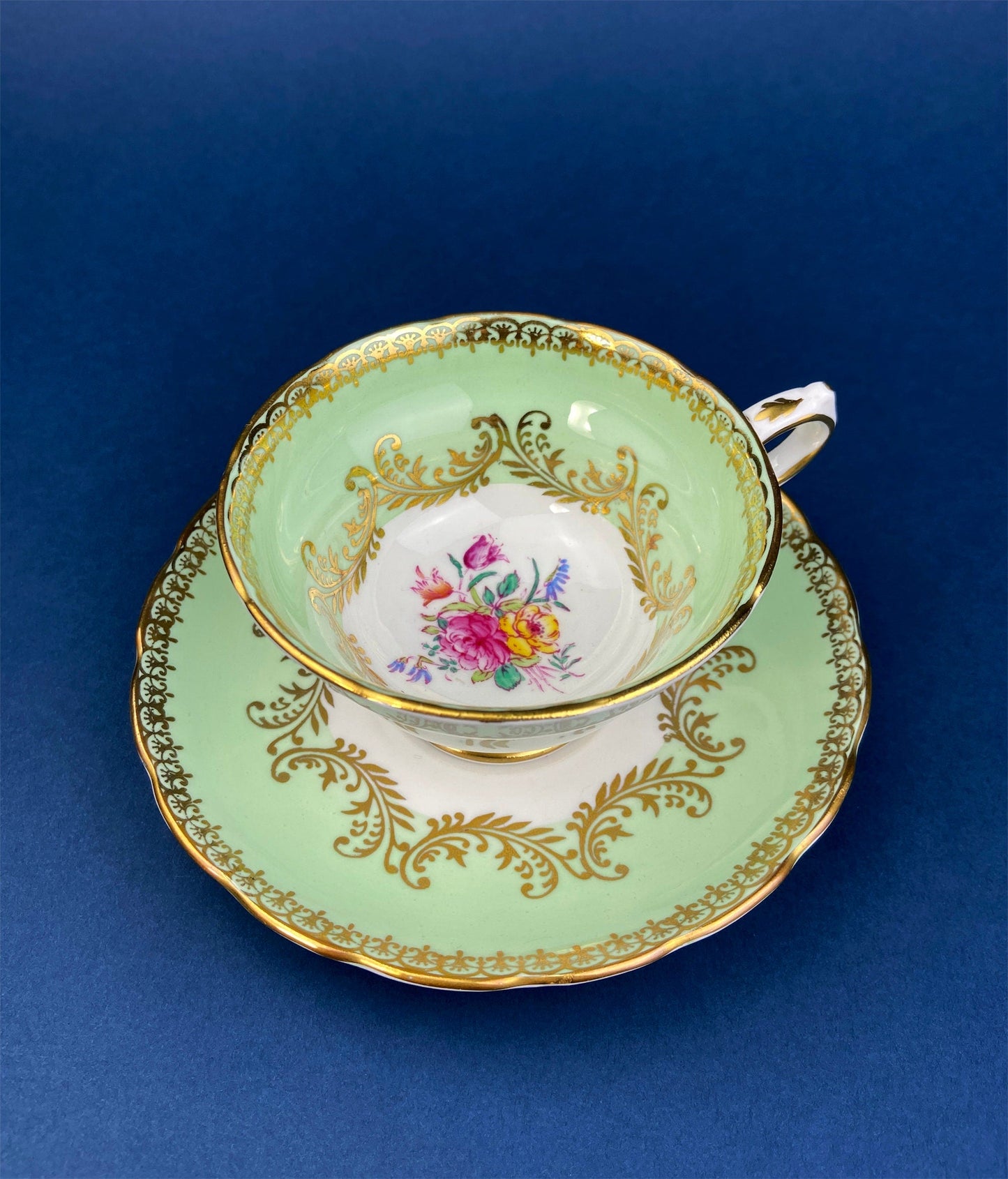 Vintage Grosvenor Fine Bone China Teacup and Saucer - Mint Green Floral