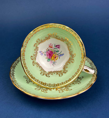 Vintage Foley Fine Bone China Tea Cup & Saucer, Mint Green Floral, Made in England