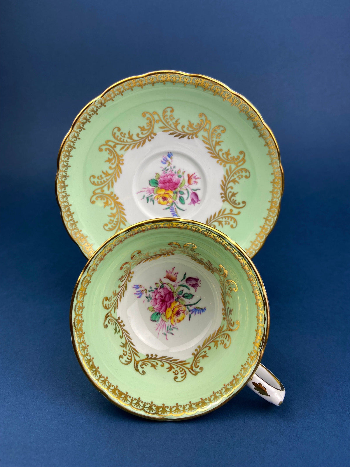 Vintage Grosvenor Fine Bone China Teacup and Saucer - Mint Green Floral