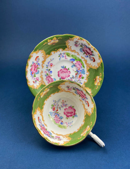 Vintage Grosvenor Fine Bone China Teacup and Saucer - Mint Green Floral