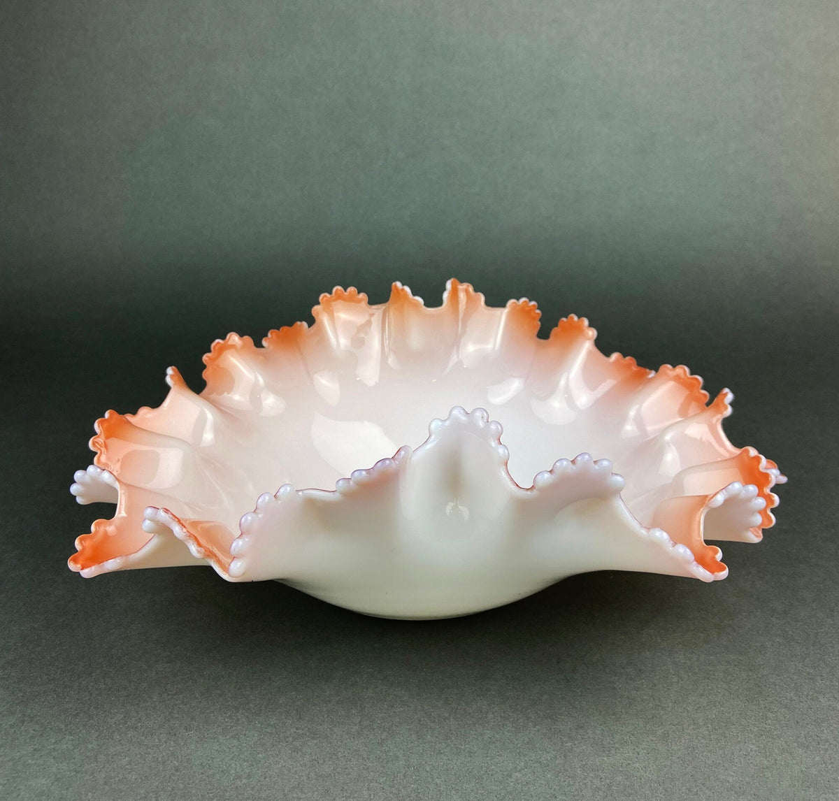 Vintage Opalescent Glass Bowl, Peach Ruffled Edge Collectible