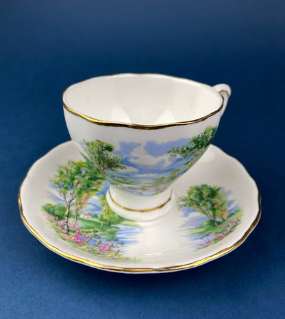 Vintage Colclough Fine Bone China Tea Cup and Saucer, Hand Painted Pastoral Scene