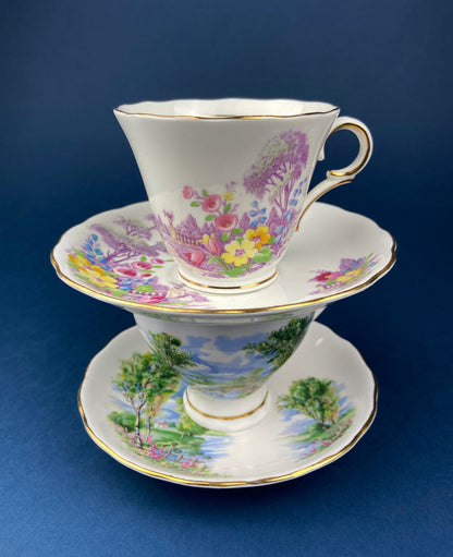 Vintage Colclough Fine Bone China Tea Cup and Saucer, Hand Painted Pastoral Scene