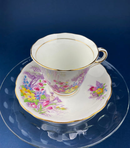 Vintage Colclough Fine Bone China Tea Cup and Saucer, Hand Painted Pastoral Scene