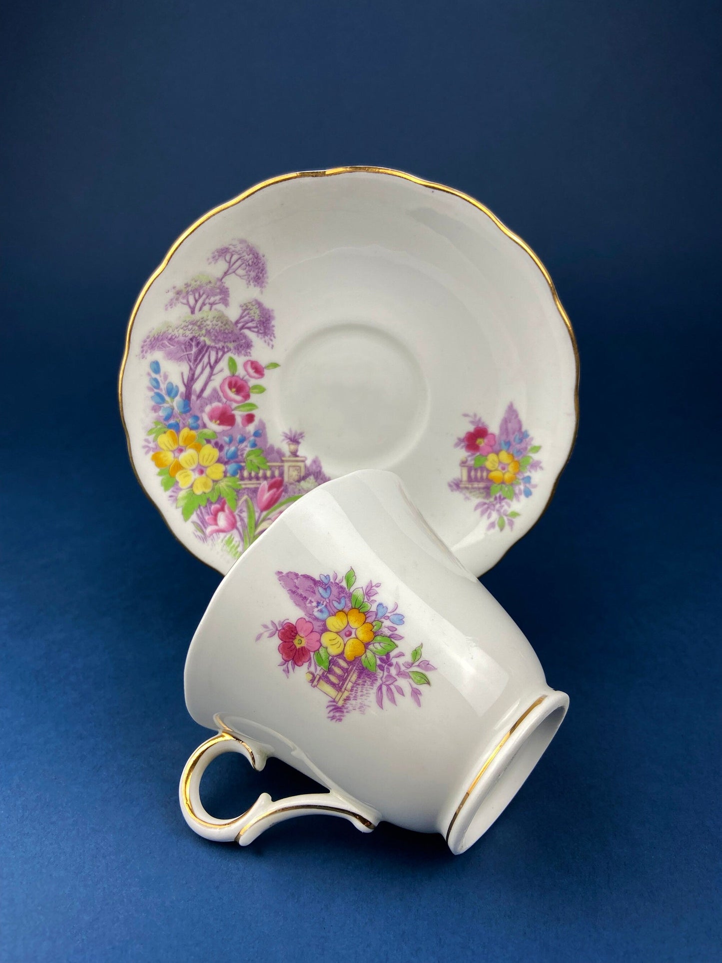 Vintage Colclough Fine Bone China Tea Cup and Saucer, Hand Painted Pastoral Scene