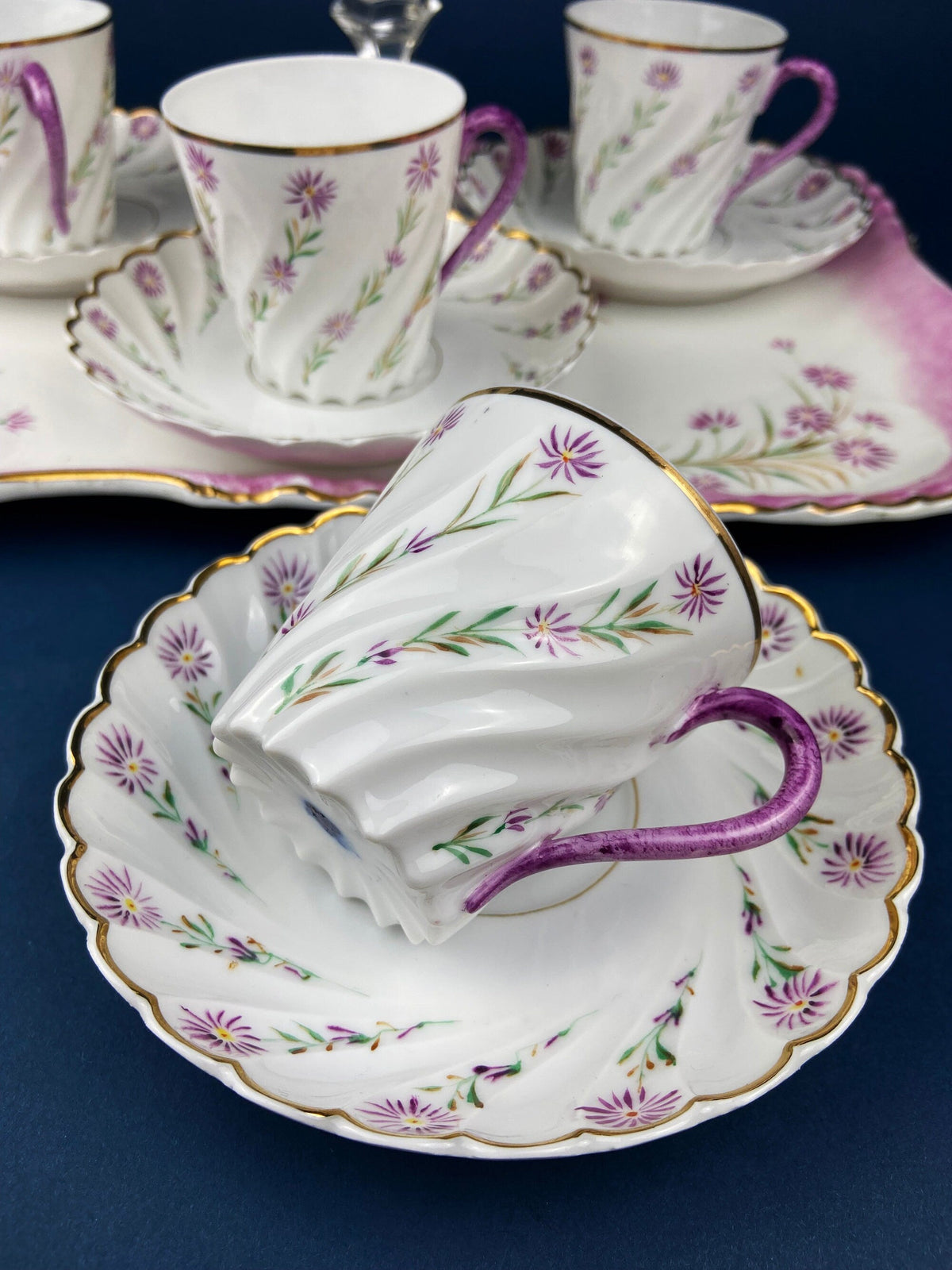 Antique Star Paragon Tea, Coffee, or Chocolate Set. Tray with Matching 5 Cups & Saucers. Delicate Fluting and Flowers. Dining Room Decor.