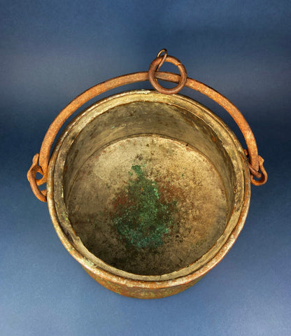 Antique Copper Cauldron. Large Hand Pounded Bucket with Wrought Iron Handle. Hand Hammered Fire Wood Scuttle. Rustic Home Decor.
