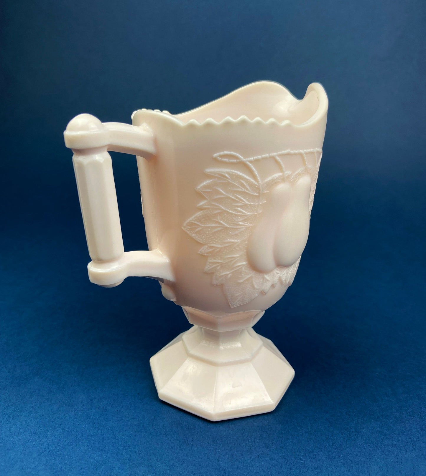 Pink Milk Glass Footed Creamer with Pear Motif. Collectible Tableware.