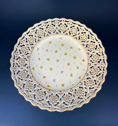 Antique Meissen Reticulated Hand-Painted Tea Rose Serving Platter