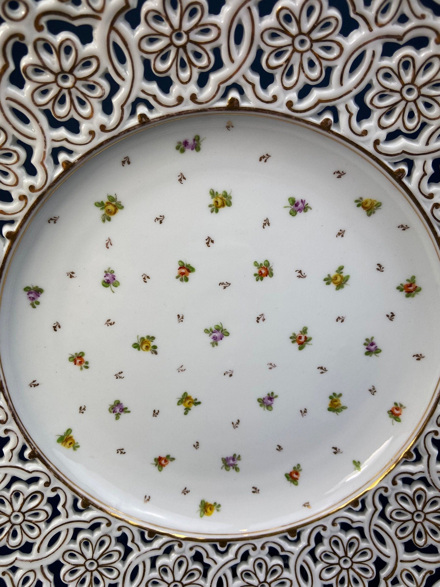 Antique Meissen Reticulated Hand-Painted Tea Rose Serving Platter