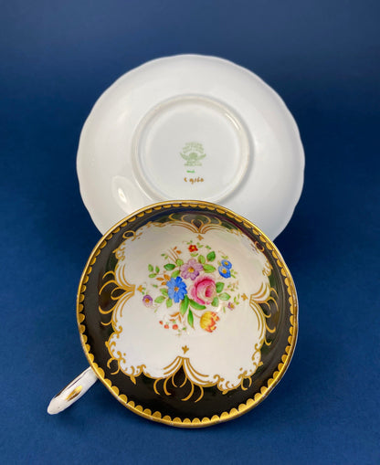Vintage Tuscan Teacup and Saucer in Black, White and Gold Floral Pattern