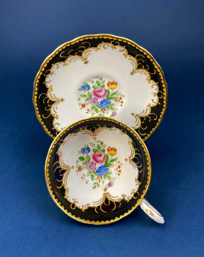 Vintage Tuscan Teacup and Saucer in Black, White and Gold Floral Pattern