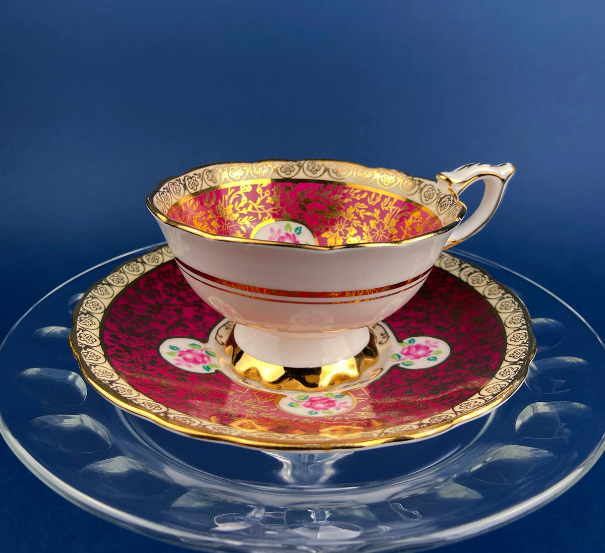 Vintage Tuscan Teacup and Saucer in Black, White and Gold Floral Pattern