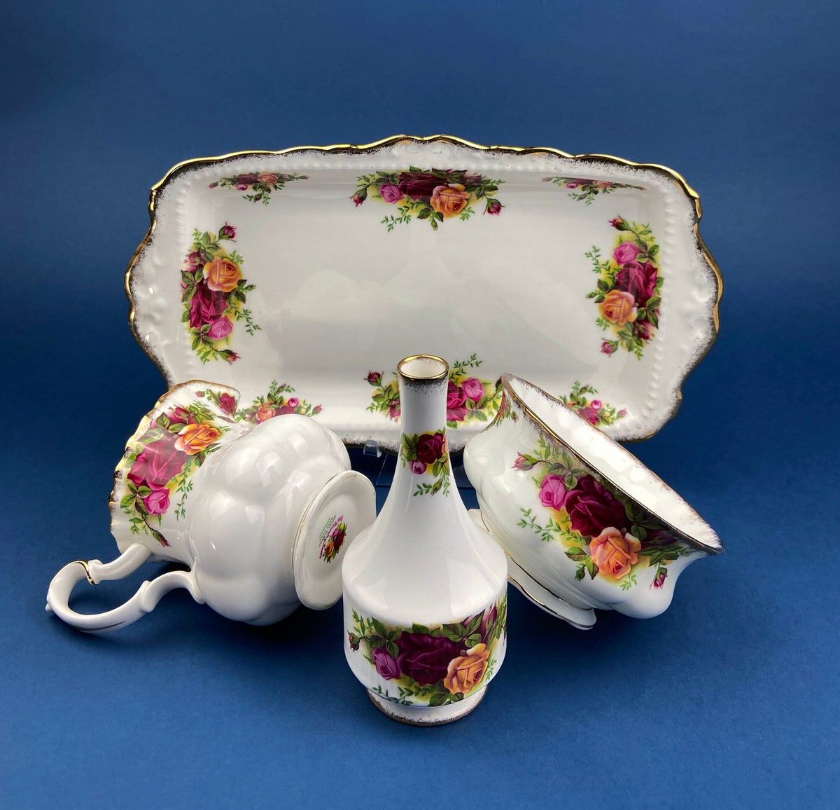 Royal Albert Old Country Roses Breakfast Set, Creamer, Sugar Bowl, Vase, Made in England