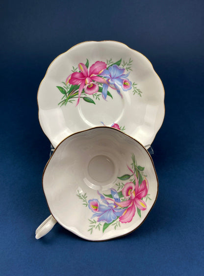 Vintage Royal Albert Orchid Tea Cup and Saucer, Fine Bone China