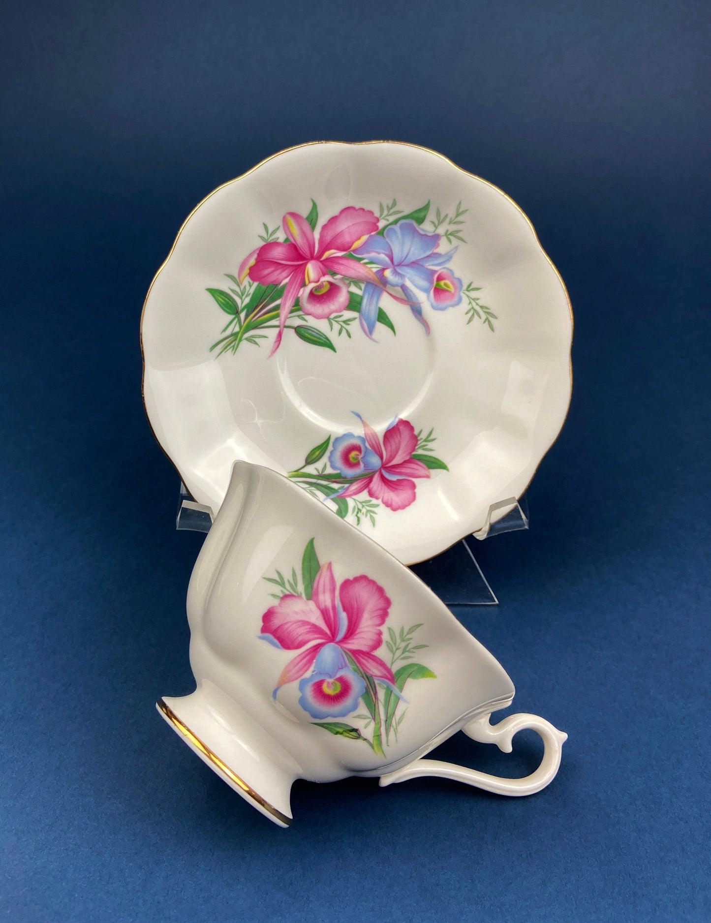 Vintage Royal Albert Orchid Tea Cup and Saucer, Fine Bone China
