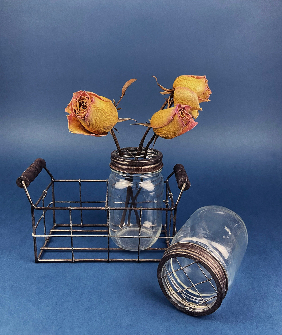 Collection of Rustic, Clear Glass Jars & Bottles with Metal Wire Baskets. Three Sets of Flower Vases or Candle Holders. Modern Farmhouse.