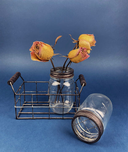 Collection of Rustic, Clear Glass Jars & Bottles with Metal Wire Baskets. Three Sets of Flower Vases or Candle Holders. Modern Farmhouse.