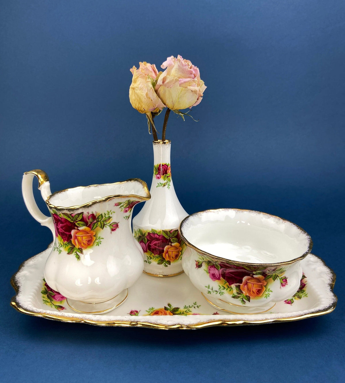 Royal Albert Old Country Roses Breakfast Set, Creamer, Sugar Bowl, Vase, Made in England