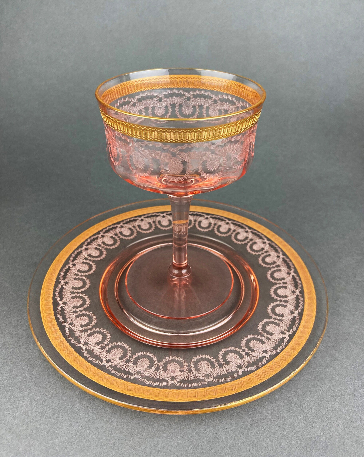 Antique Pink Crystal Goblets, Morgantown Necklace Gold Pattern, Set of 8