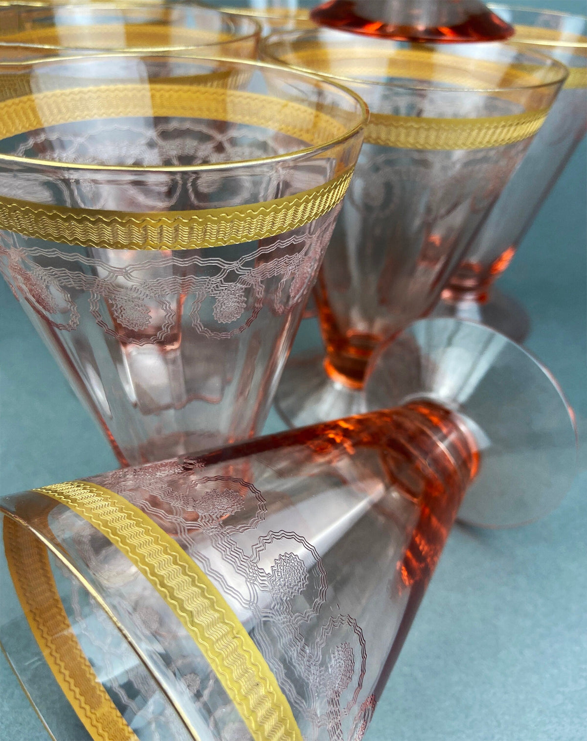 Antique Pink Crystal Goblets, Morgantown Necklace Gold Pattern, Set of 8