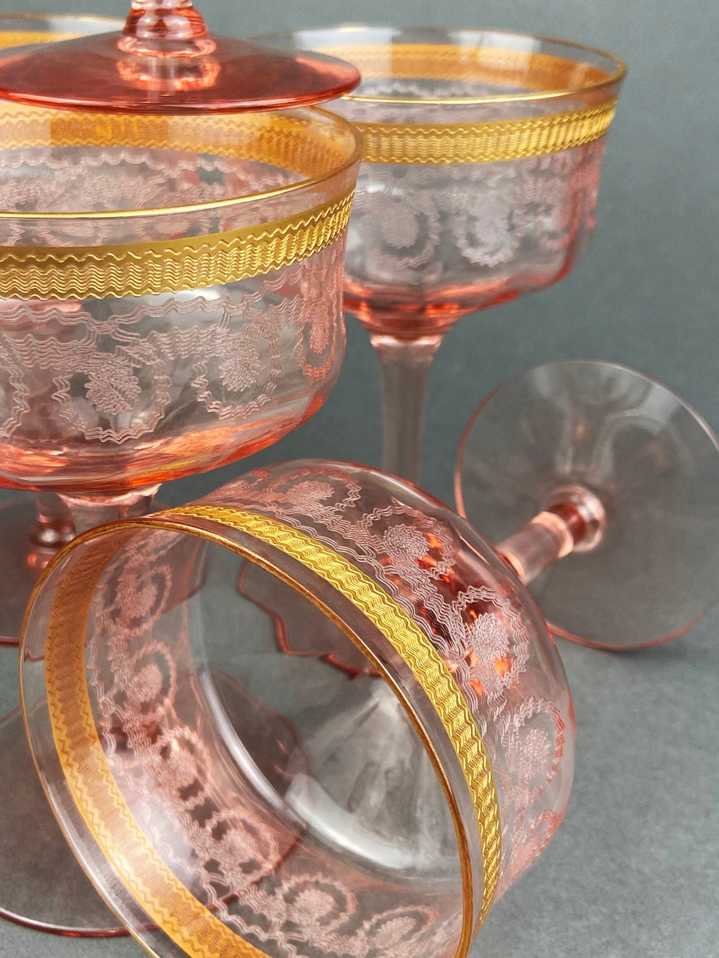 Antique Etched Pink Glass Dessert/Salad Plates With Gold Rims. Set of Five. Etched Star & Waffle Brim. Holiday Dining. Fine Dining.