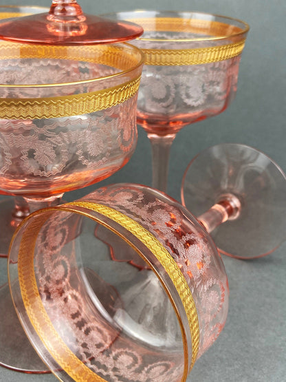 Antique Etched Pink Glass Dessert/Salad Plates With Gold Rims. Set of Five. Etched Star & Waffle Brim. Holiday Dining. Fine Dining.