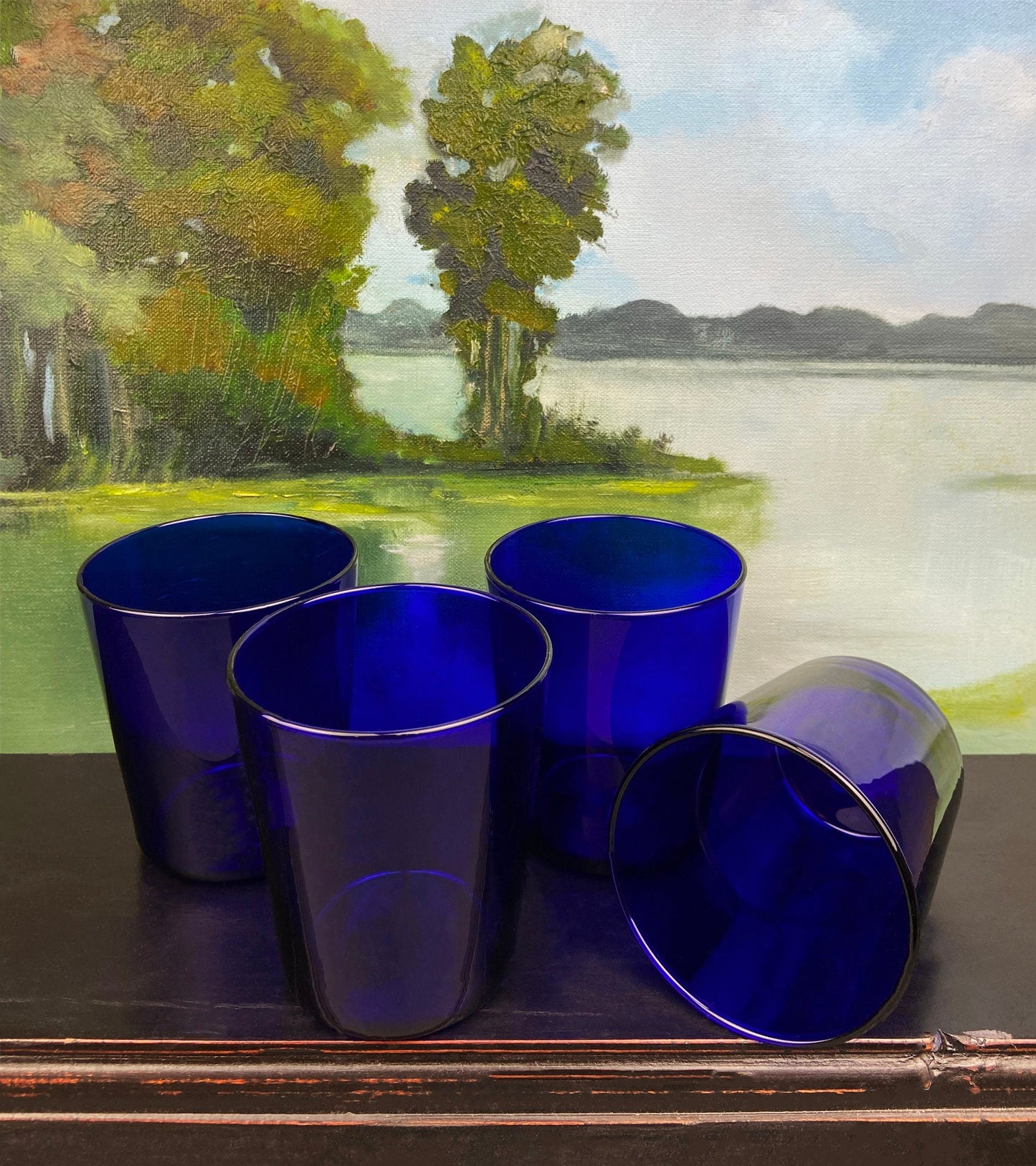 Cobalt Blue Glass Water Goblets. Set of Eight Contemporary Style Stemware. Dark Blue Modern Glassware. Fine Dining.