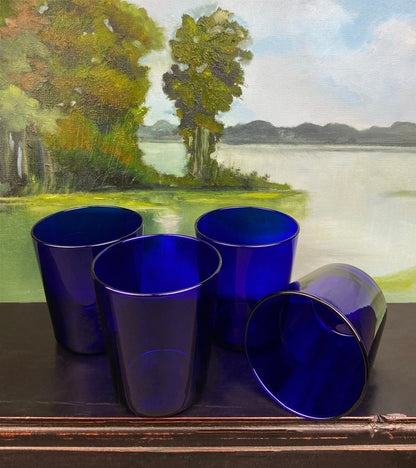 Cobalt Blue Glass Water Goblets. Set of Eight Contemporary Style Stemware. Dark Blue Modern Glassware. Fine Dining.