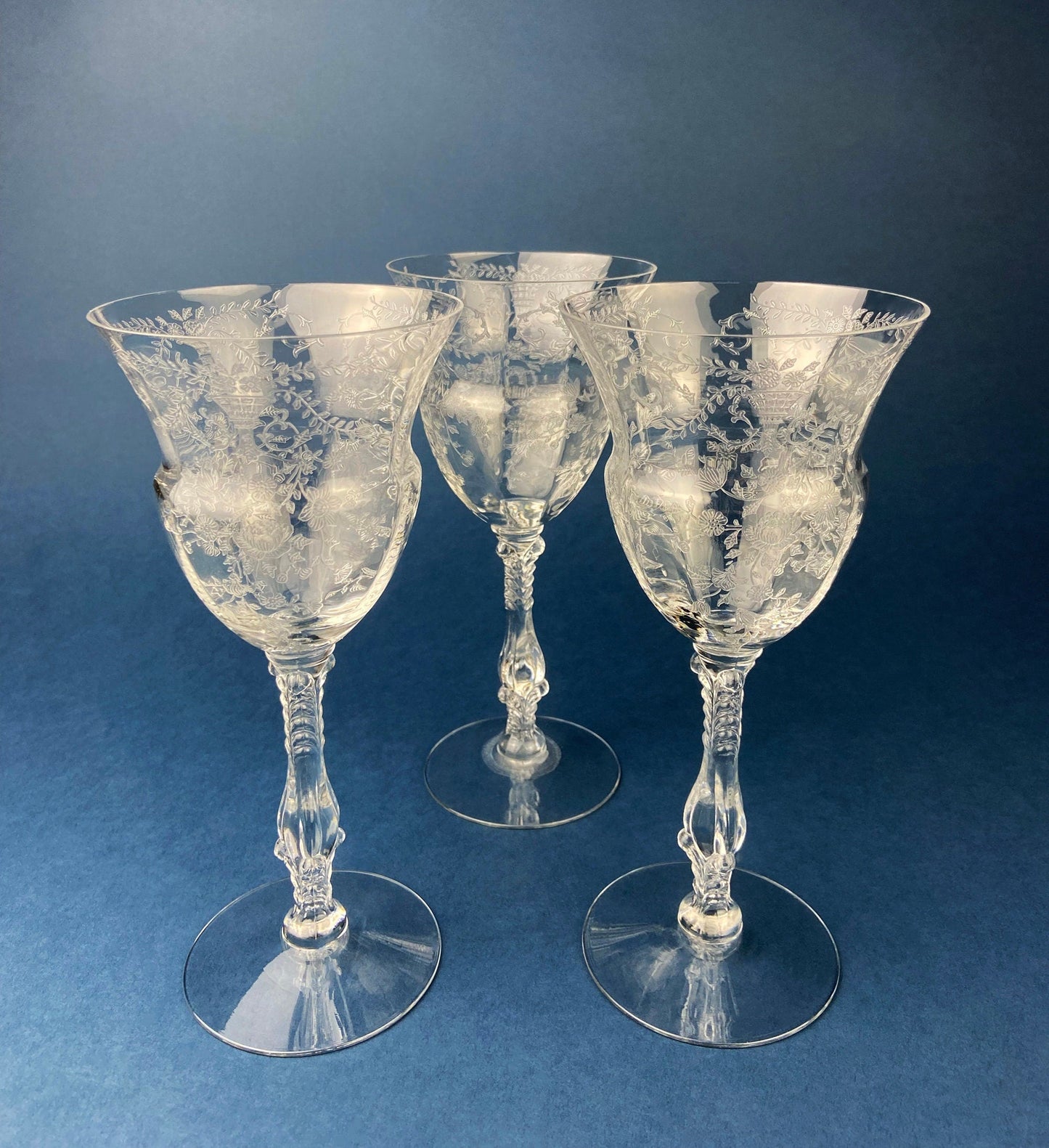 Antique Tall Sherbet Crystal Glasses by Fostoria. Etched Midnight Rose Pattern. Set of Six, 4 oz, Glassware. Replacements. Fine Dining.