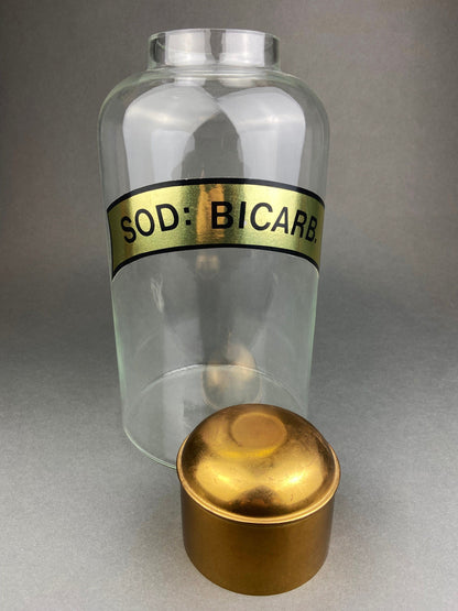 Vintage, Extra Large Apothecary Bottles. Italian, Boric Acid & Sodium Bicarbonate Jars with Brass Caps. Set of Two Apothecary Jars.