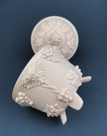 Pink Milk Glass Candy Dish with Lid, Grape Vine Motif