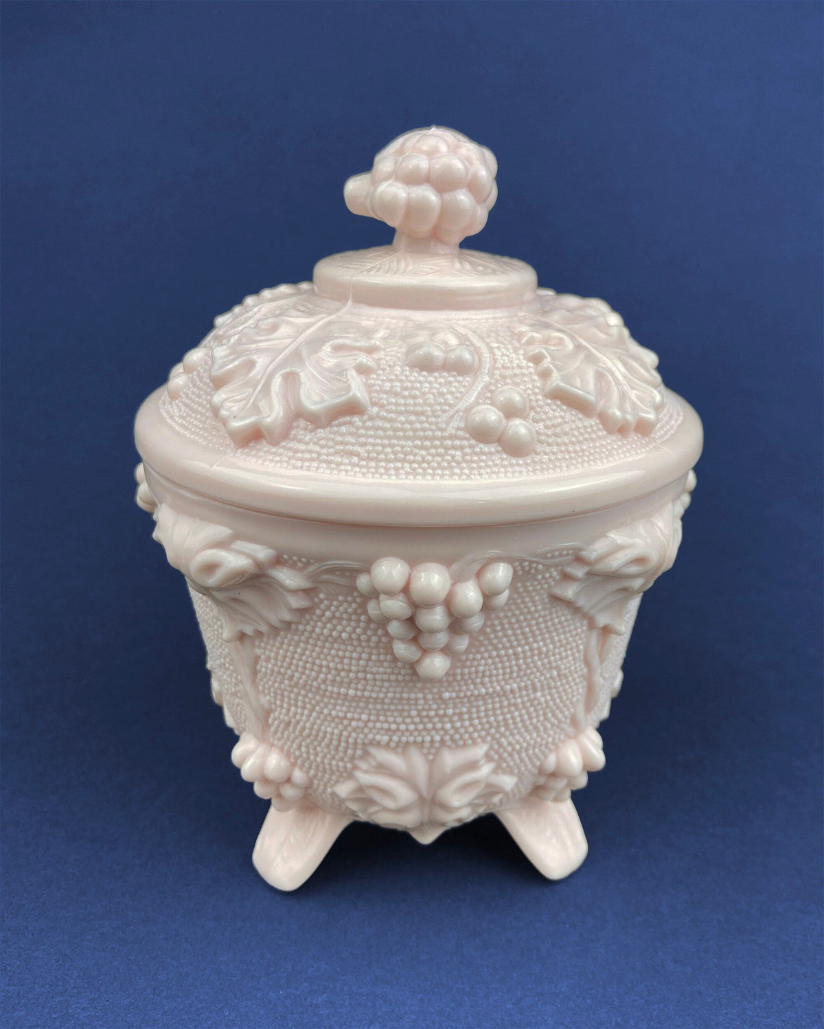 Pink Milk Glass Candy Dish with Lid, Grape Vine Motif
