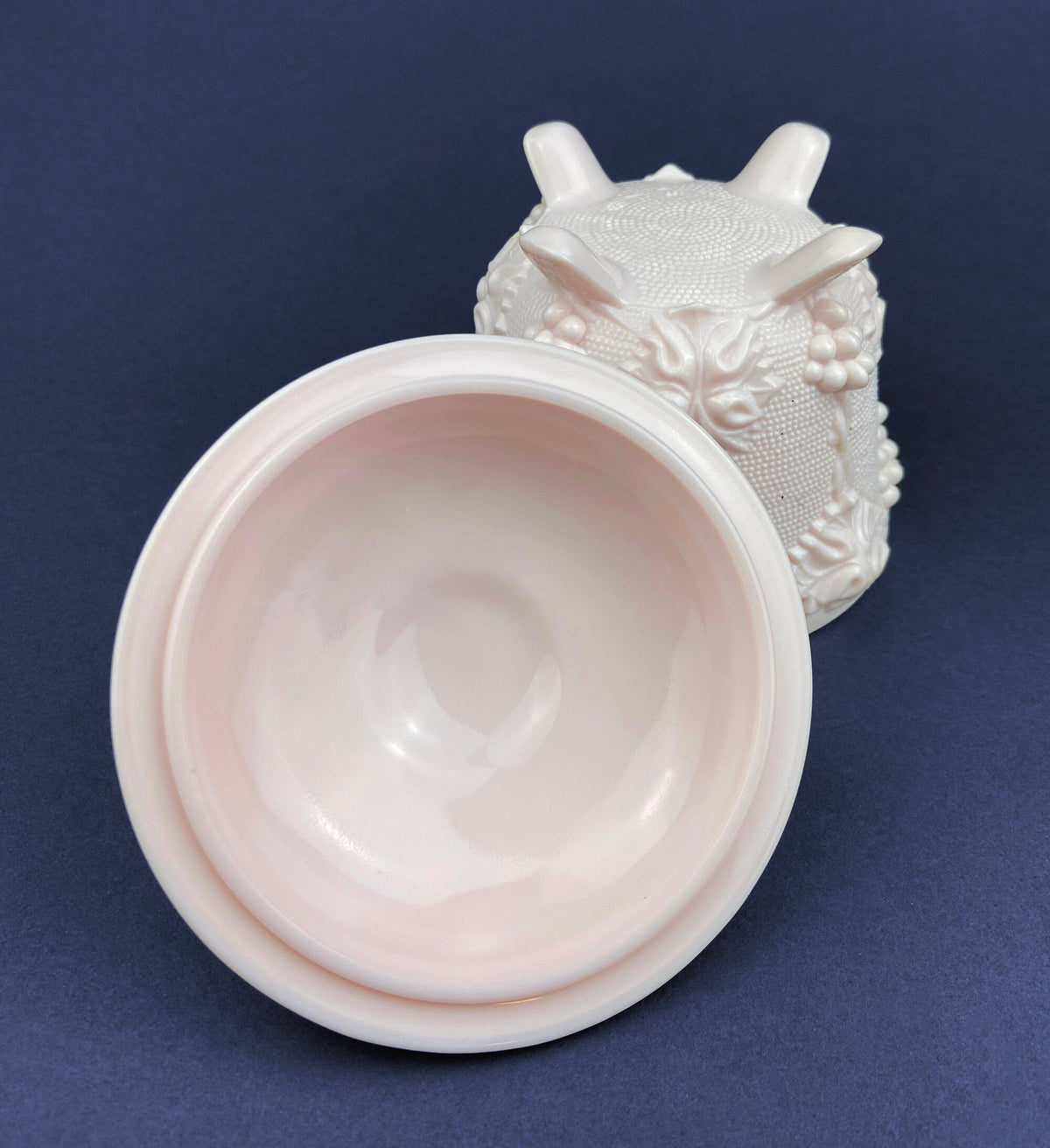 Pink Milk Glass Candy Dish with Lid, Grape Vine Motif